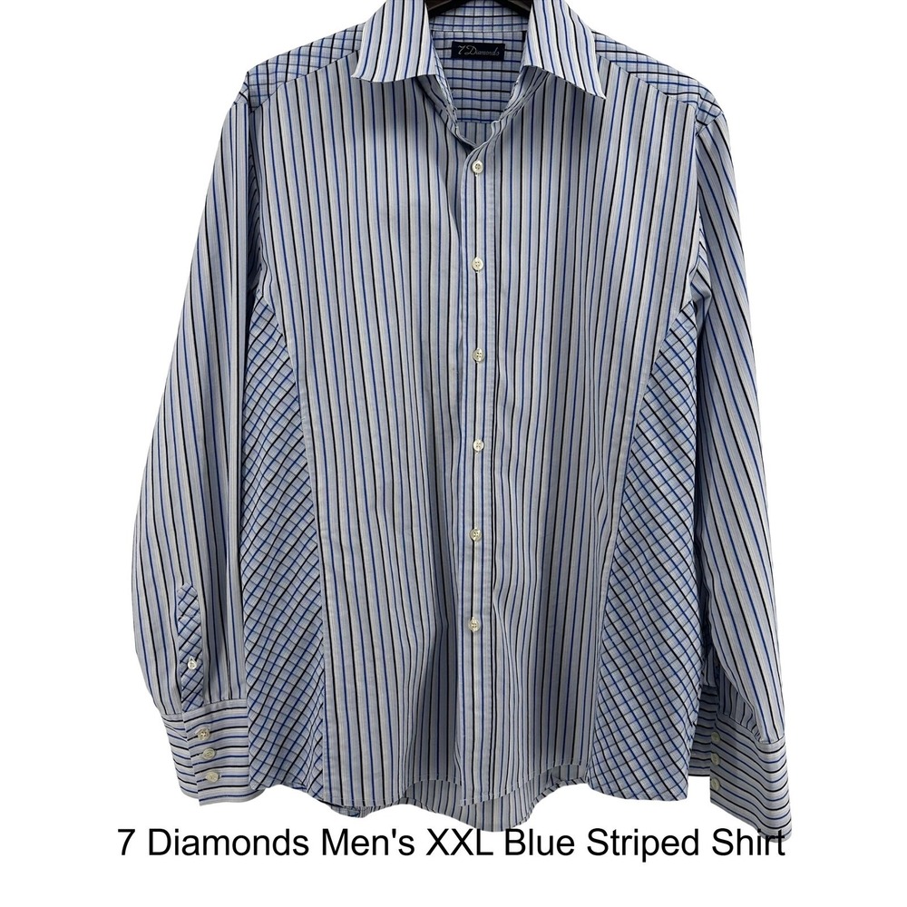 7 Diamonds Mens XXL Blue Striped Long Sleeve Button Down Shirt Contrast Panels